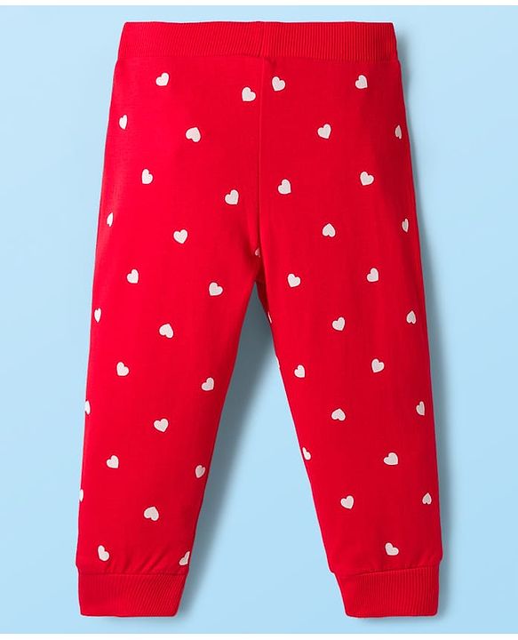 Babyhug Cotton Knit Full Length Lounge Pants with Heart Print & Bow Applique Pack of 3 - Red White & Pink