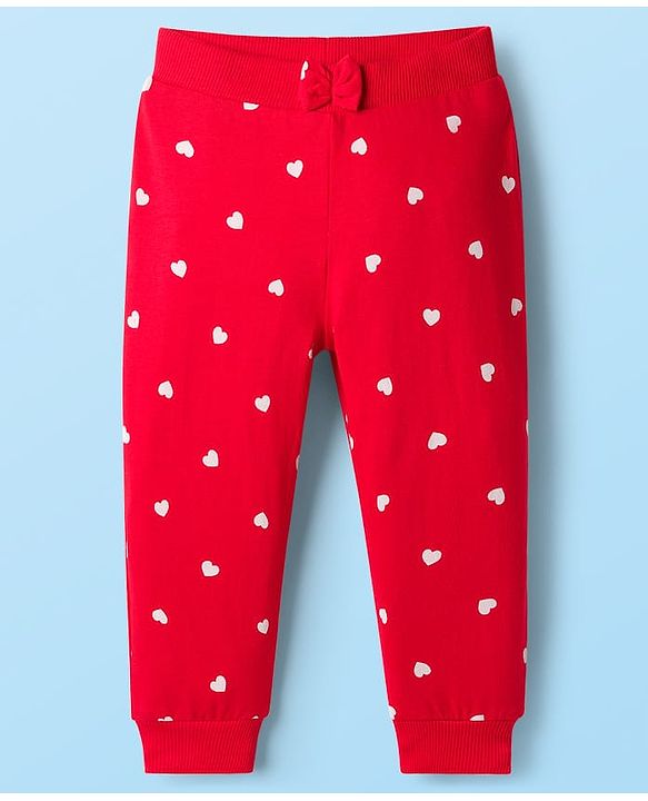 Babyhug Cotton Knit Full Length Lounge Pants with Heart Print & Bow Applique Pack of 3 - Red White & Pink