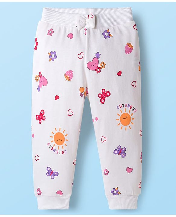 Babyhug Cotton Knit Full Length Lounge Pants with Heart Print & Bow Applique Pack of 3 - Red White & Pink