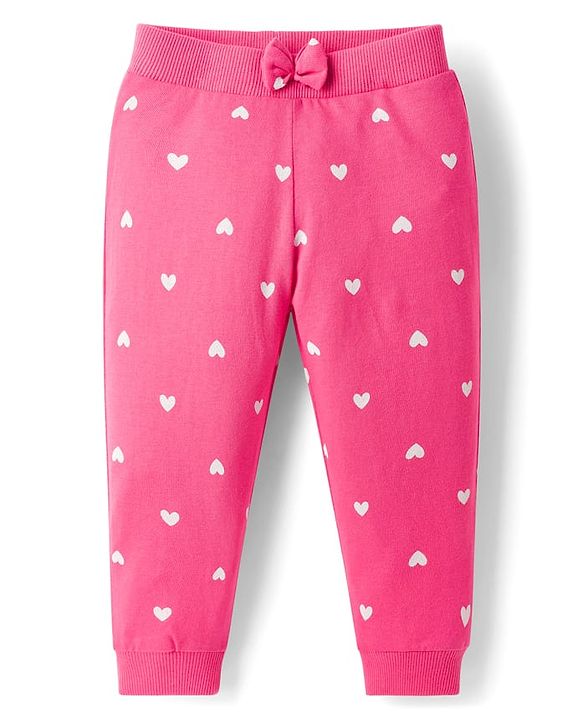 Babyhug Cotton Knit Full Length Lounge Pants with Floral & Heart Print Bow Applique Pack of 3 - Lime Green Pink & Lilac