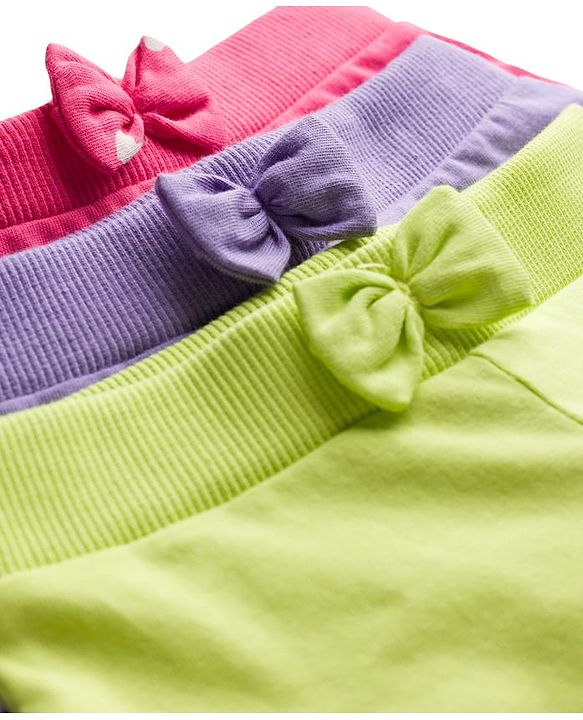 Babyhug Cotton Knit Full Length Lounge Pants with Floral & Heart Print Bow Applique Pack of 3 - Lime Green Pink & Lilac