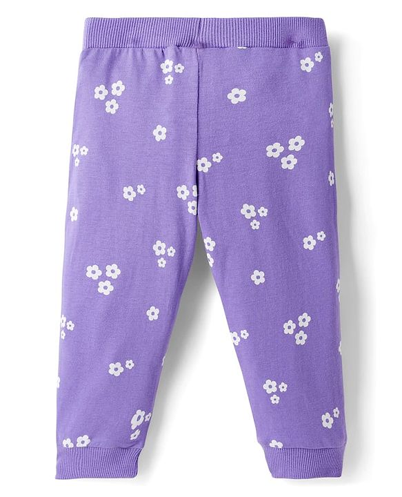 Babyhug Cotton Knit Full Length Lounge Pants with Floral & Heart Print Bow Applique Pack of 3 - Lime Green Pink & Lilac