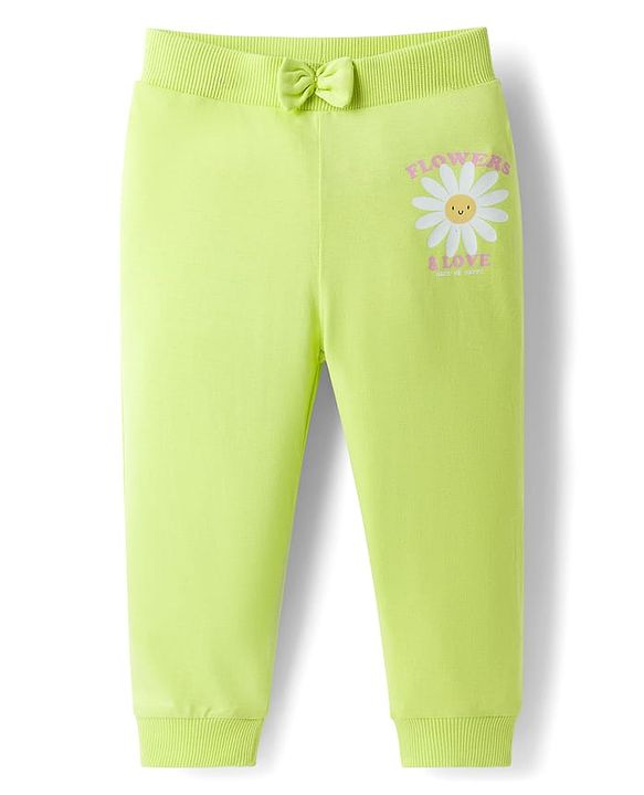 Babyhug Cotton Knit Full Length Lounge Pants with Floral & Heart Print Bow Applique Pack of 3 - Lime Green Pink & Lilac