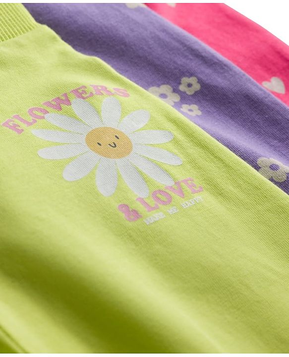 Babyhug Cotton Knit Full Length Lounge Pants with Floral & Heart Print Bow Applique Pack of 3 - Lime Green Pink & Lilac