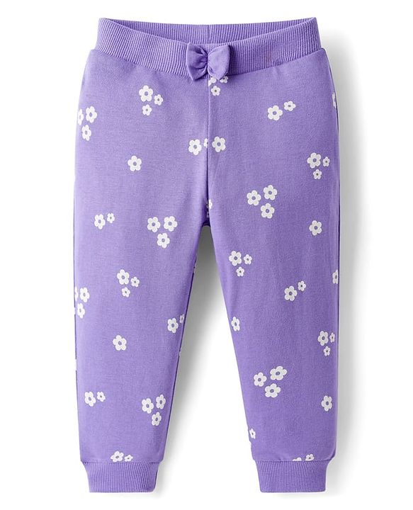 Babyhug Cotton Knit Full Length Lounge Pants with Floral & Heart Print Bow Applique Pack of 3 - Lime Green Pink & Lilac