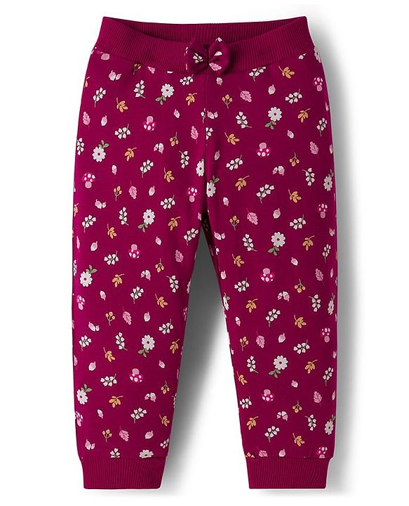 Babyhug Cotton Knit Full Length Lounge Pants with Floral & Polka Dot Print Bow Applique Pack of 3 - Navy Blue Pink & Maroon
