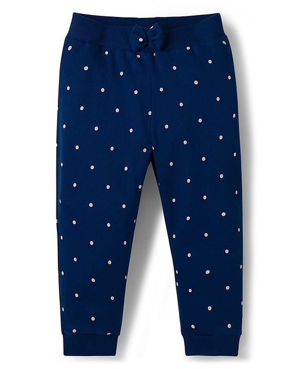 Babyhug Cotton Knit Full Length Lounge Pants with Floral & Polka Dot Print Bow Applique Pack of 3 - Navy Blue Pink & Maroon