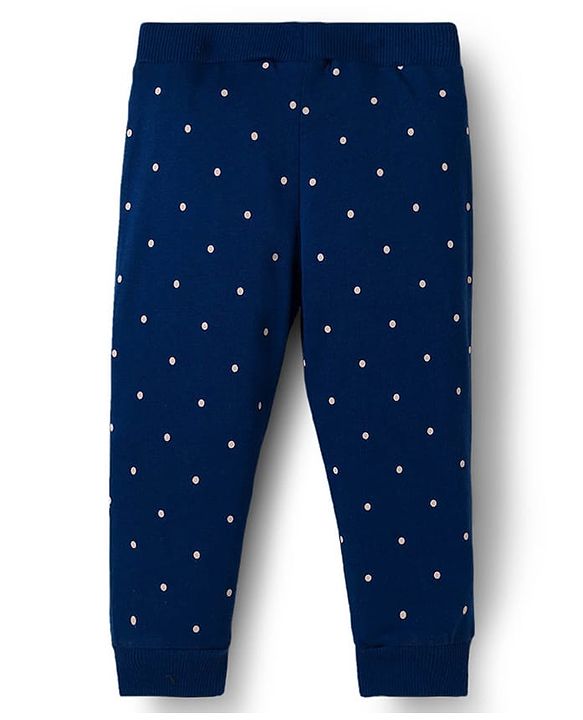 Babyhug Cotton Knit Full Length Lounge Pants with Floral & Polka Dot Print Bow Applique Pack of 3 - Navy Blue Pink & Maroon