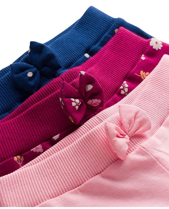 Babyhug Cotton Knit Full Length Lounge Pants with Floral & Polka Dot Print Bow Applique Pack of 3 - Navy Blue Pink & Maroon
