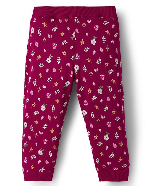 Babyhug Cotton Knit Full Length Lounge Pants with Floral & Polka Dot Print Bow Applique Pack of 3 - Navy Blue Pink & Maroon