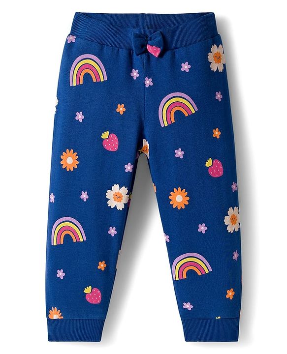 Babyhug Cotton Single Jersey Knit Full Length Lounge Pant With Floral Print Pack Of 3 - Navy Blue Pink & Olive Green