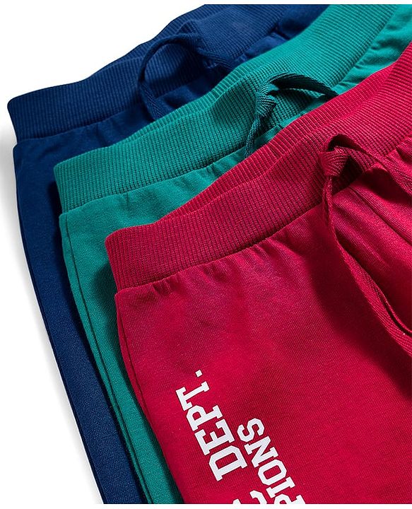 Babyhug Single Jersey Knit Full Length Lounge Pant With Text Print Pack Of 3 - Red Navy Blue & Teal Blue