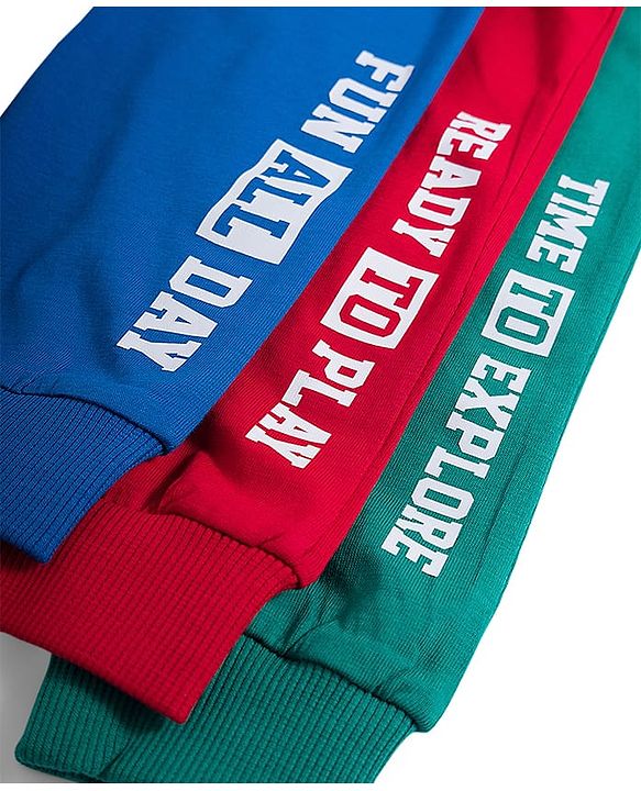 Babyhug Single Jersey Knit Full Length Lounge Pant With Text Print Pack Of 3 - Red Blue & Green
