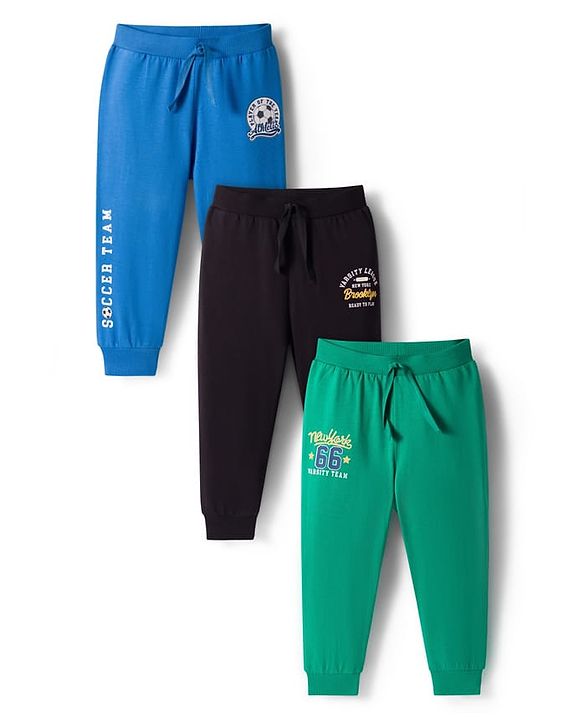 Babyhug Cotton Single Jersey Knit Full Length Lounge Pant With Text Print Pack Of 3 - Blue Green & Black