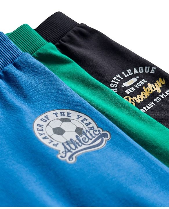 Babyhug Cotton Single Jersey Knit Full Length Lounge Pant With Text Print Pack Of 3 - Blue Green & Black