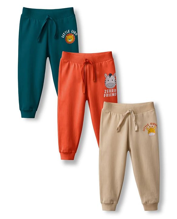 Babyhug Cotton Single Jersey Knit Full Length Lounge Pant With Animal Print Pack Of 3 - Teal Blue Orange & Beige