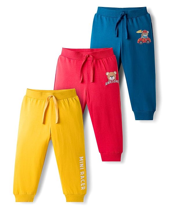 Babyhug Cotton Single Jersey Knit Full Length Lounge Pant With Vehicle Print Pack Of 3 - Yelllow Navy Blue & Red