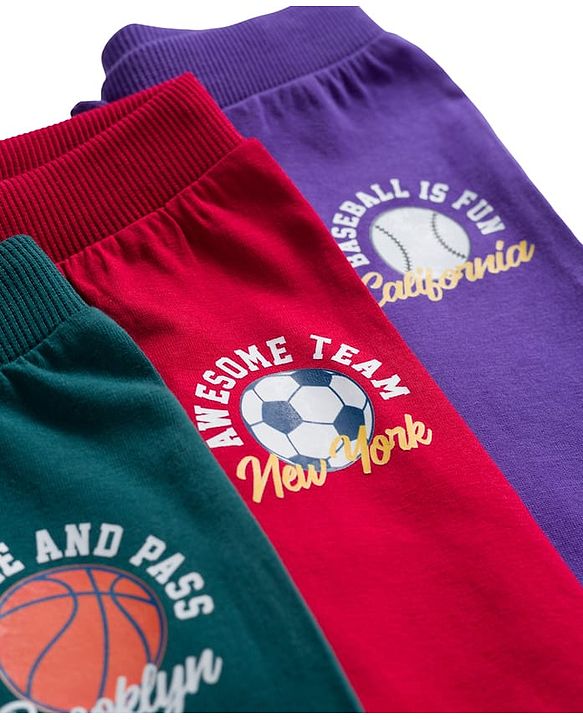 Babyhug Cotton Knit Full Length Lounge Pants with Sports Theme Print Pack of 3 - Red Green & Purple
