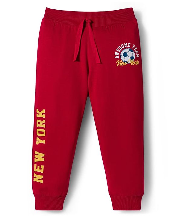 Babyhug Cotton Knit Full Length Lounge Pants with Sports Theme Print Pack of 3 - Red Green & Purple