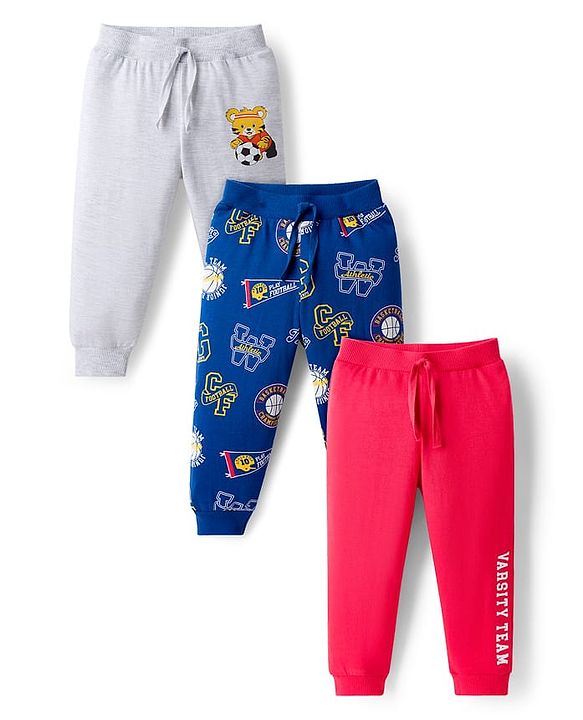 Babyhug Cotton Knit Full Length Lounge Pants with Sport Theme Print Pack of 3 - Red Blue & Light Grey
