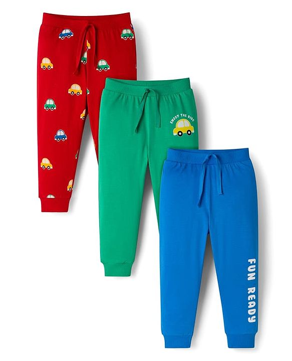 Babyhug Cotton Knit Full Length Lounge Pants with Car Print Pack of 3 - Red Blue & Green