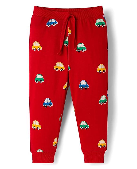 Babyhug Cotton Knit Full Length Lounge Pants with Car Print Pack of 3 - Red Blue & Green