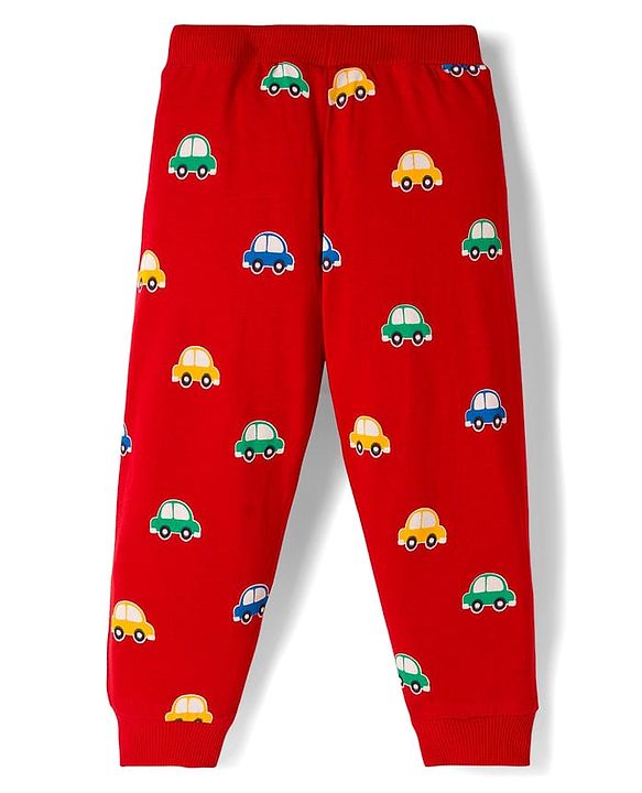 Babyhug Cotton Knit Full Length Lounge Pants with Car Print Pack of 3 - Red Blue & Green