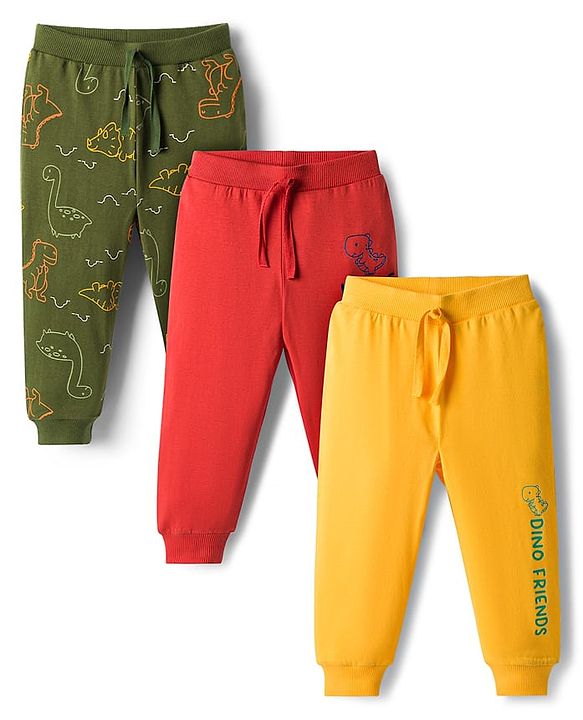 Babyhug Cotton Knit Full Length Lounge Pants with Dino Print Pack of 3 - Red Yellow & Green