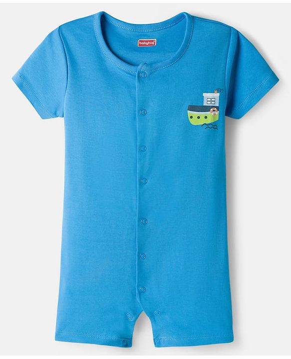 Babyhug 100% Cotton Knit Half Sleeves Rompers with Sea Life Print Pack of 2 - White & Blue