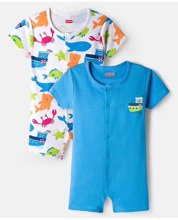Babyhug 100% Cotton Knit Half Sleeves Rompers with Sea Life Print Pack of 2 - White & Blue