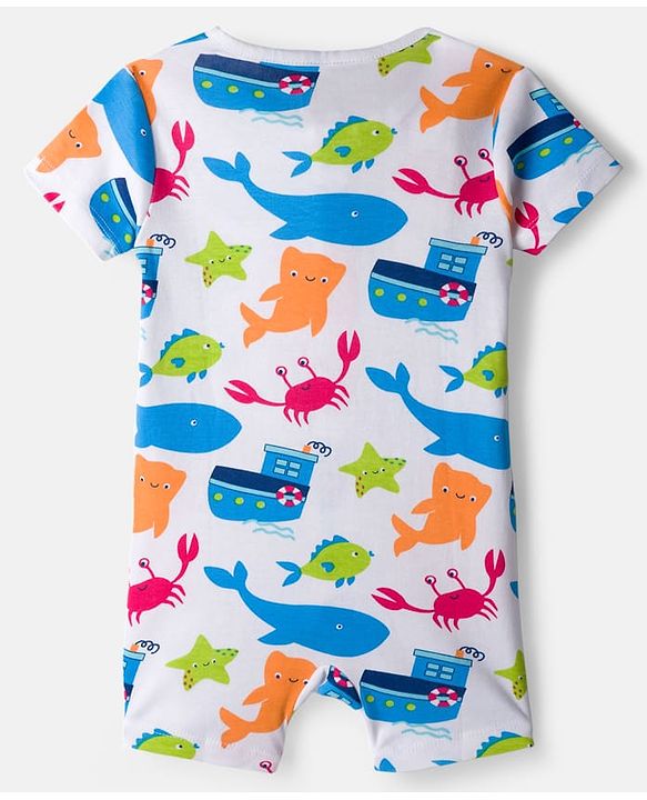 Babyhug 100% Cotton Knit Half Sleeves Rompers with Sea Life Print Pack of 2 - White & Blue