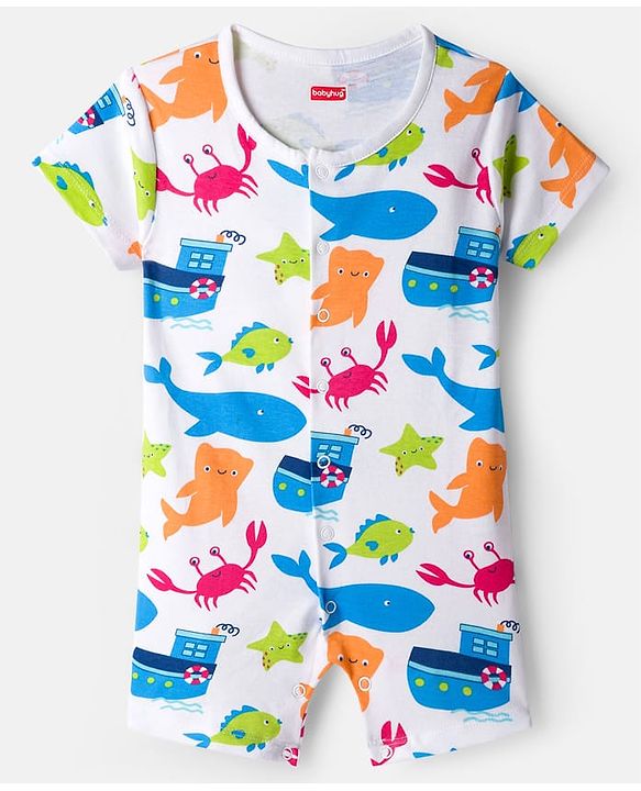 Babyhug 100% Cotton Knit Half Sleeves Rompers with Sea Life Print Pack of 2 - White & Blue