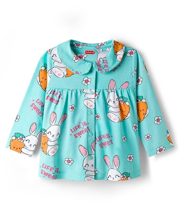 Babyhug Cotton Knit Full Sleeves Co-ord Night Suit With Bunny & Floral Print - Light Blue