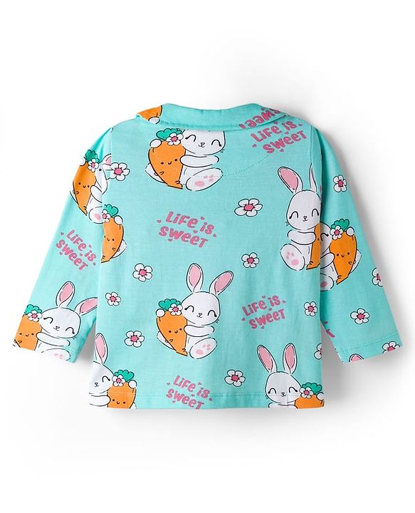 Babyhug Cotton Knit Full Sleeves Co-ord Night Suit With Bunny & Floral Print - Light Blue