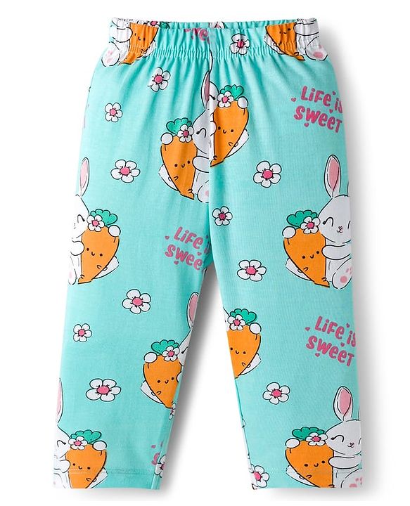 Babyhug Cotton Knit Full Sleeves Co-ord Night Suit With Bunny & Floral Print - Light Blue