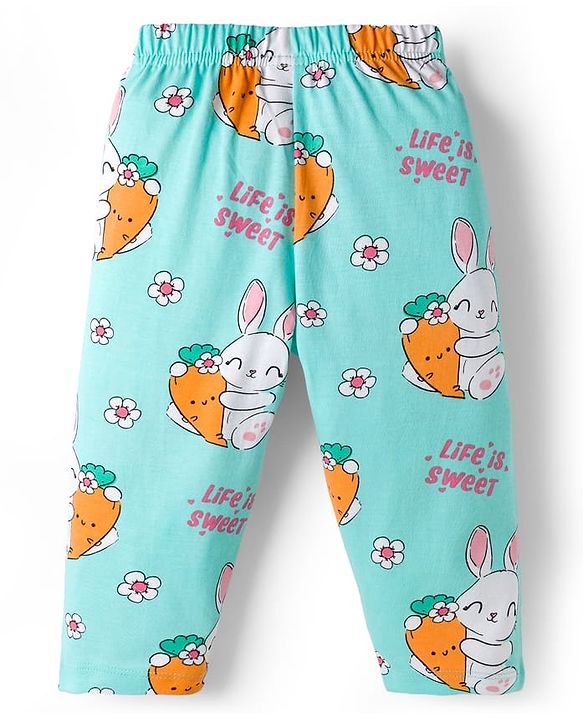 Babyhug Cotton Knit Full Sleeves Co-ord Night Suit With Bunny & Floral Print - Light Blue