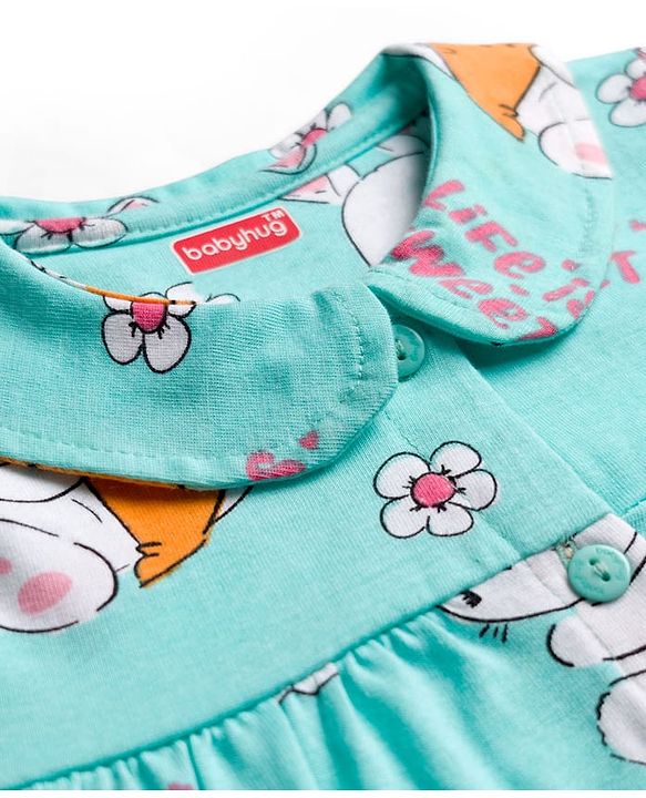 Babyhug Cotton Knit Full Sleeves Co-ord Night Suit With Bunny & Floral Print - Light Blue