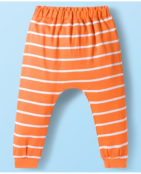 Babyhug 100% Cotton Knit Half Raglan Sleeves Onesie with Striped Leggings & Cap Lion Print & Patch - Orange