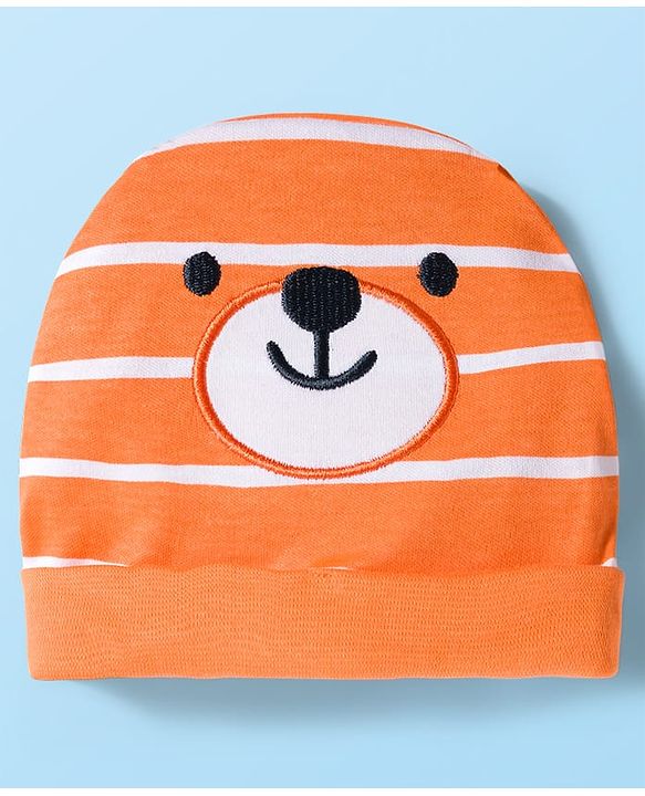 Babyhug 100% Cotton Knit Half Raglan Sleeves Onesie with Striped Leggings & Cap Lion Print & Patch - Orange