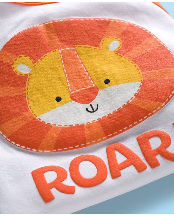 Babyhug 100% Cotton Knit Half Raglan Sleeves Onesie with Striped Leggings & Cap Lion Print & Patch - Orange