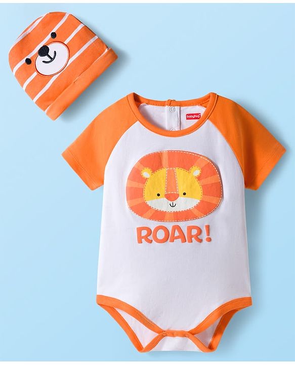 Babyhug 100% Cotton Knit Half Raglan Sleeves Onesie with Striped Leggings & Cap Lion Print & Patch - Orange
