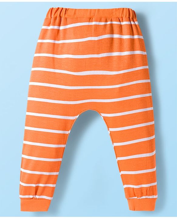 Babyhug 100% Cotton Knit Half Raglan Sleeves Onesie with Striped Leggings & Cap Lion Print & Patch - Orange