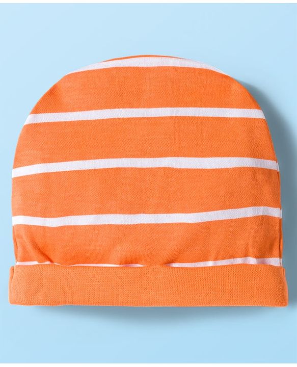 Babyhug 100% Cotton Knit Half Raglan Sleeves Onesie with Striped Leggings & Cap Lion Print & Patch - Orange