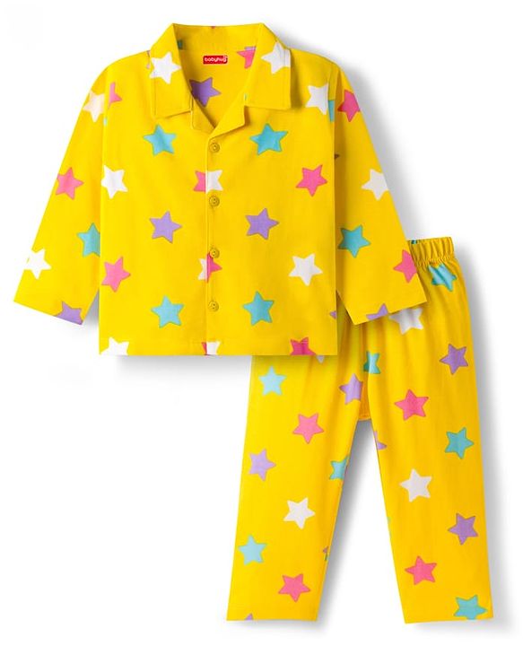 Babyhug Cotton Knit Full Sleeves Co-ord Night Suit With Star Print - Yellow