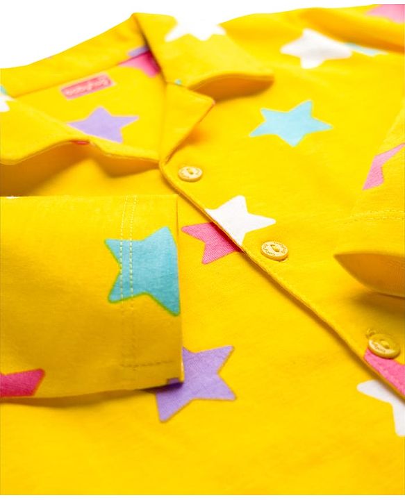 Babyhug Cotton Knit Full Sleeves Co-ord Night Suit With Star Print - Yellow