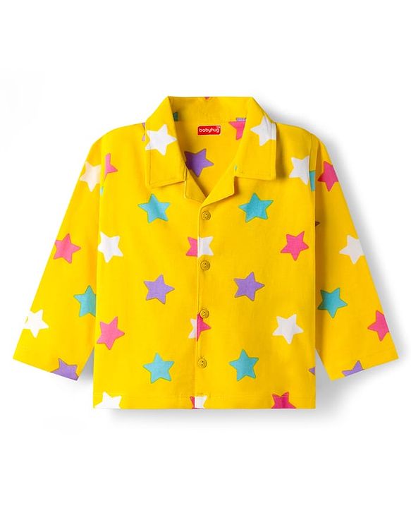 Babyhug Cotton Knit Full Sleeves Co-ord Night Suit With Star Print - Yellow