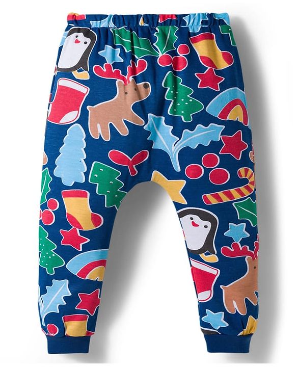 Babyhug 100% Cotton Knit Full Sleeves Onesie with Bootie Leggings & Animal Print - Navy Blue & White