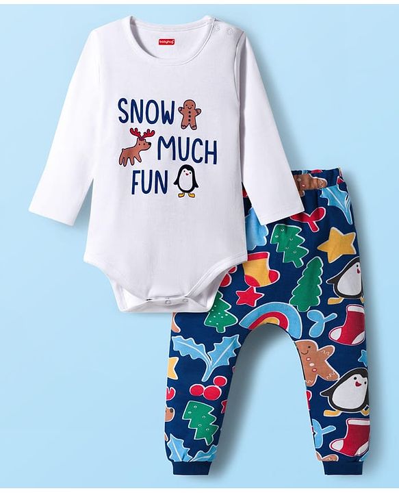 Babyhug 100% Cotton Knit Full Sleeves Onesie with Bootie Leggings & Animal Print - Navy Blue & White