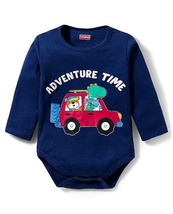 Babyhug 100% Cotton Interlock Knit Full Sleeves Vehicle Printed Onesies With Leggings Cap & Booties - Navy Blue