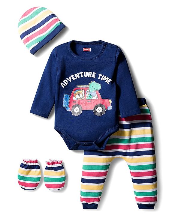 Babyhug 100% Cotton Interlock Knit Full Sleeves Vehicle Printed Onesies With Leggings Cap & Booties - Navy Blue